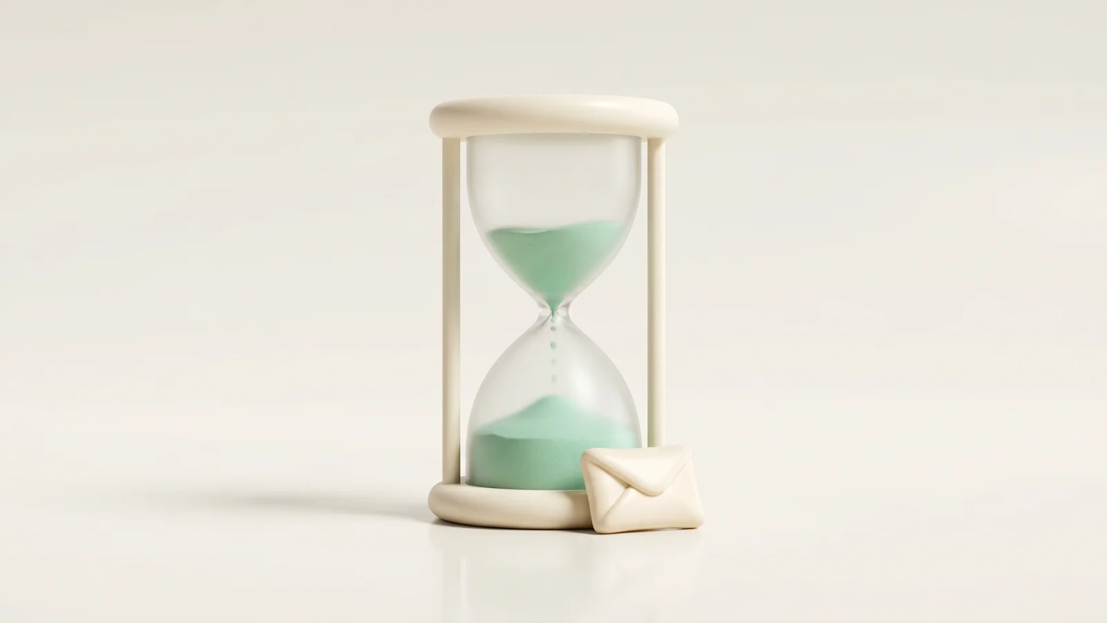 A frosted-glass hourglass with most of its mint sand already settled, capturing how quickly cold outreach replies decay after the first send.