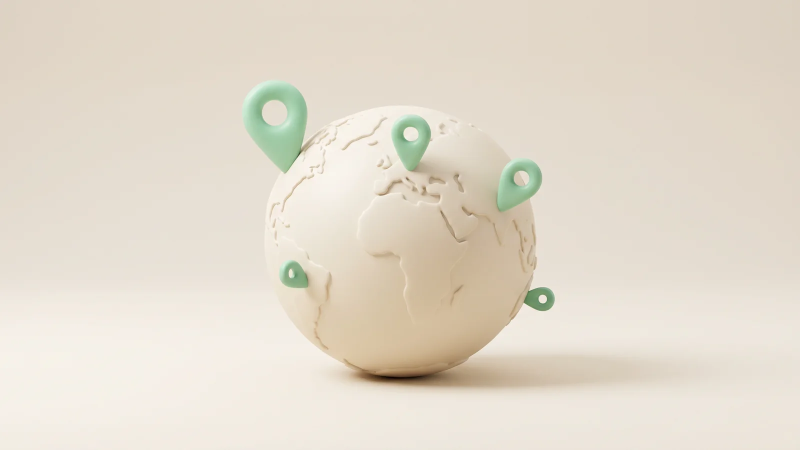 A soft matte-clay globe studded with rounded location pins of different heights, showing how creator outreach reply rates vary by country.