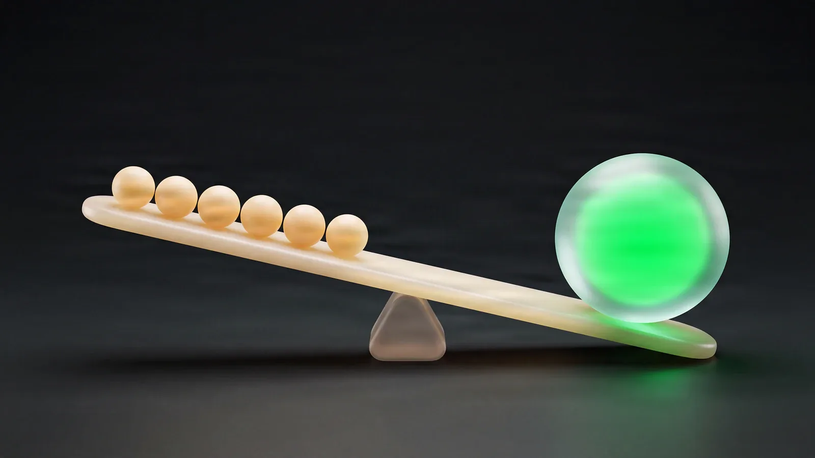 A frosted opal-glass seesaw tipped down by one large green liquid-glass sphere against a row of small cream glass spheres, representing how one breakout video pulls a creator's average views above the typical post.