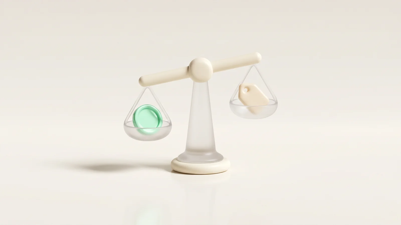 A frosted-glass balance scale weighing a coin against a small value tag, representing the influencer marketing ROI calculation for creator campaigns.