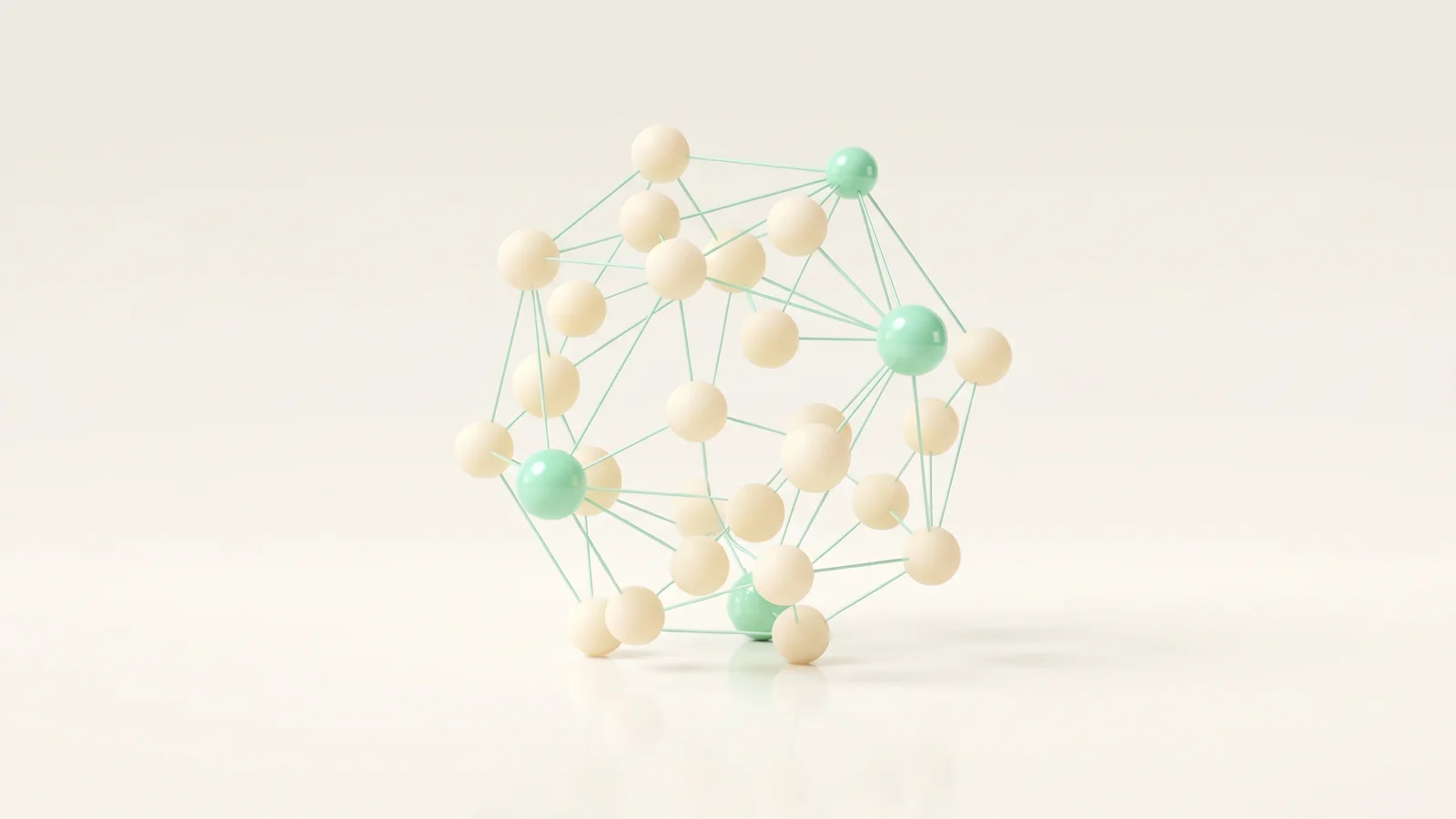 A constellation of small connected soft-gel spheres with mint nodes, representing micro-influencer marketing run as a coordinated operations system.