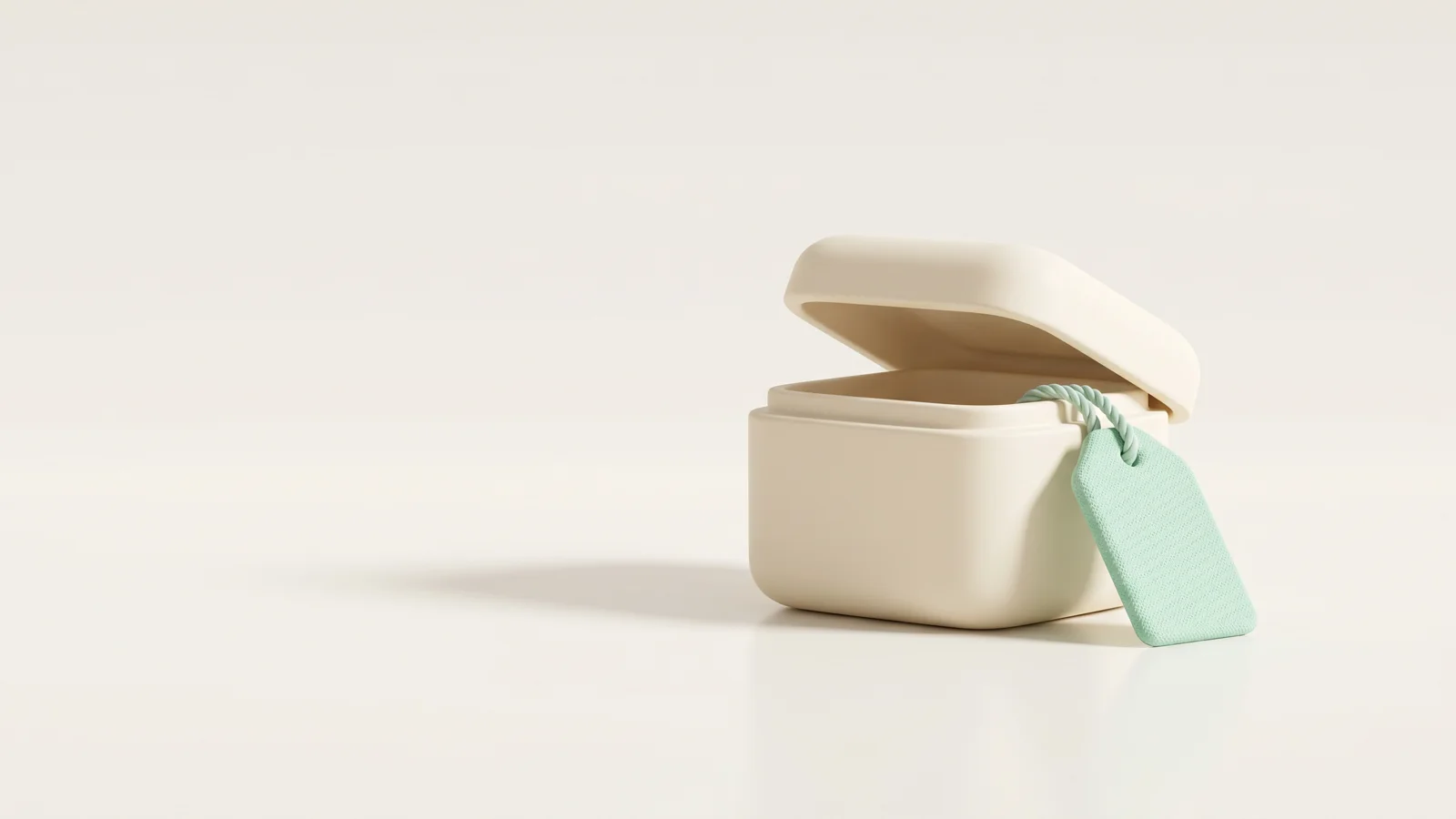 An open matte-clay sample box with a soft gift tag, representing product seeding and influencer gifting with no hidden posting obligations.