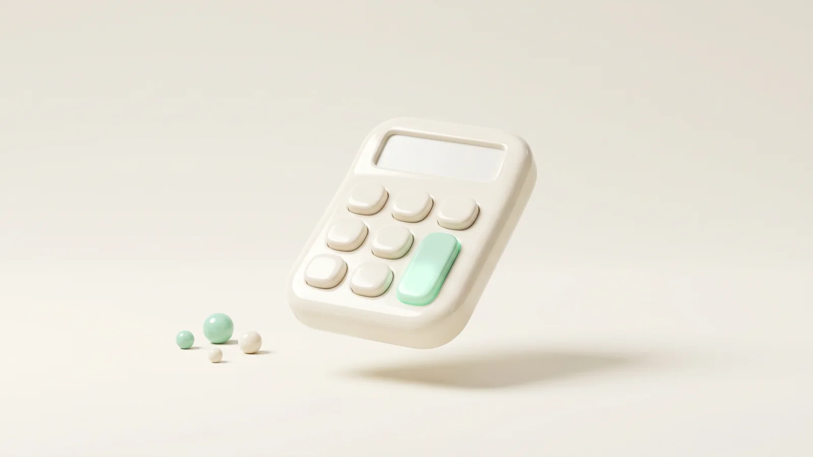 A glossy toy calculator with blank rounded buttons and one mint key, representing calculating TikTok engagement rate for creator campaigns.