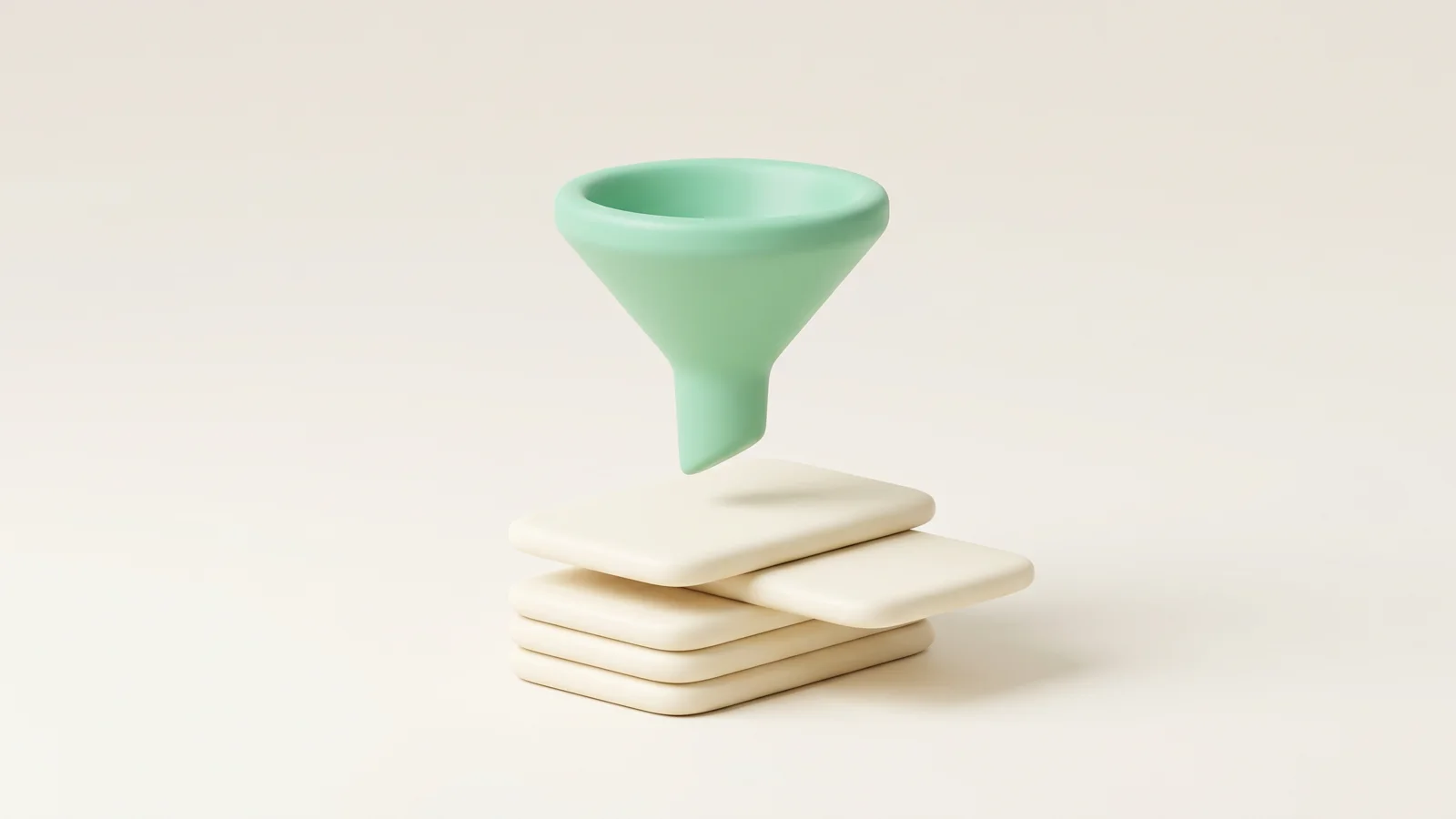 A matte-clay selection funnel dropping onto a small stack of candidate cards, representing how to vet and choose a TikTok influencer marketing agency.