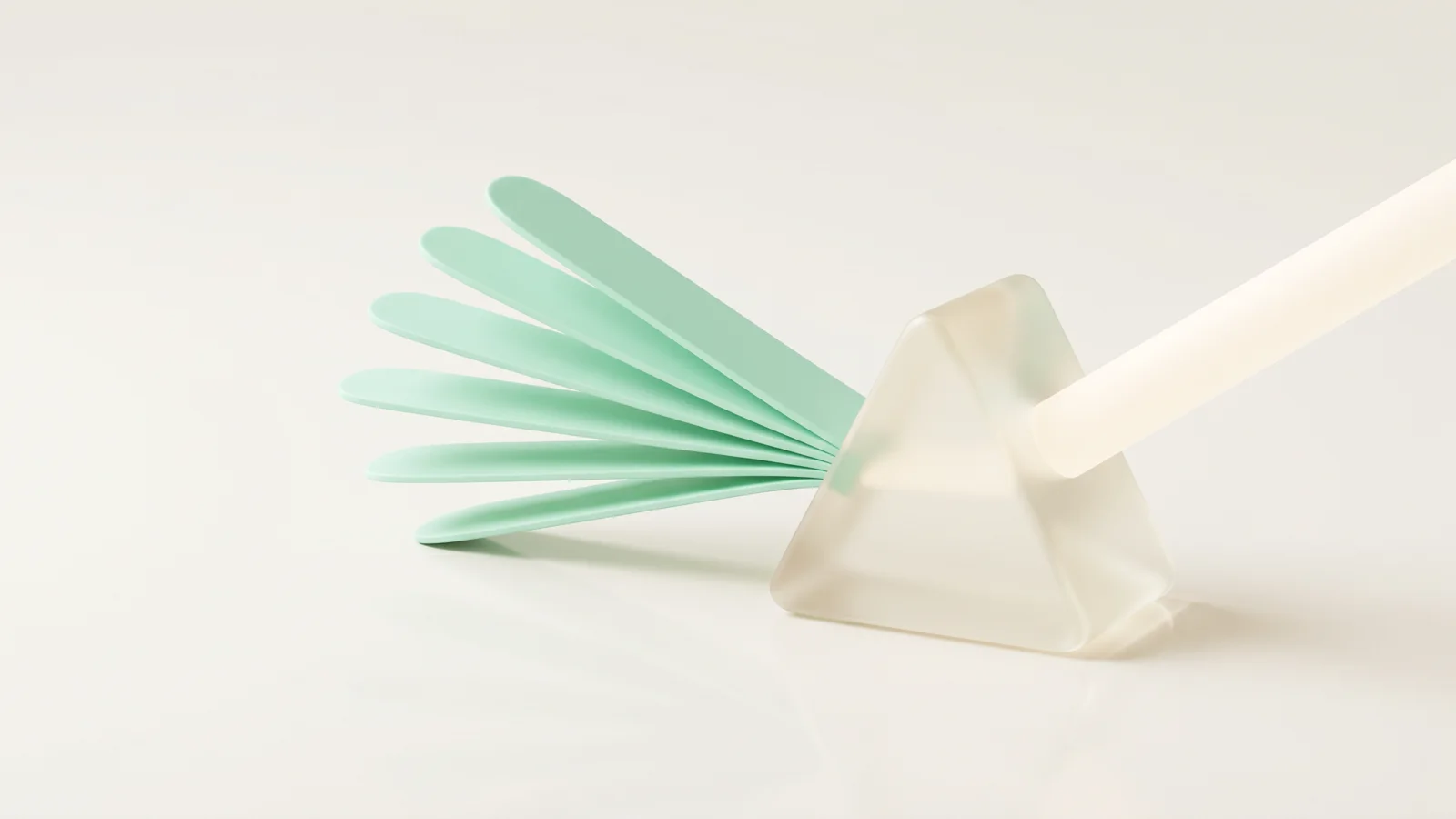 A frosted-glass prism fanning a single beam into several mint bands, representing AIGC turning one brief into many AI-generated content variations.