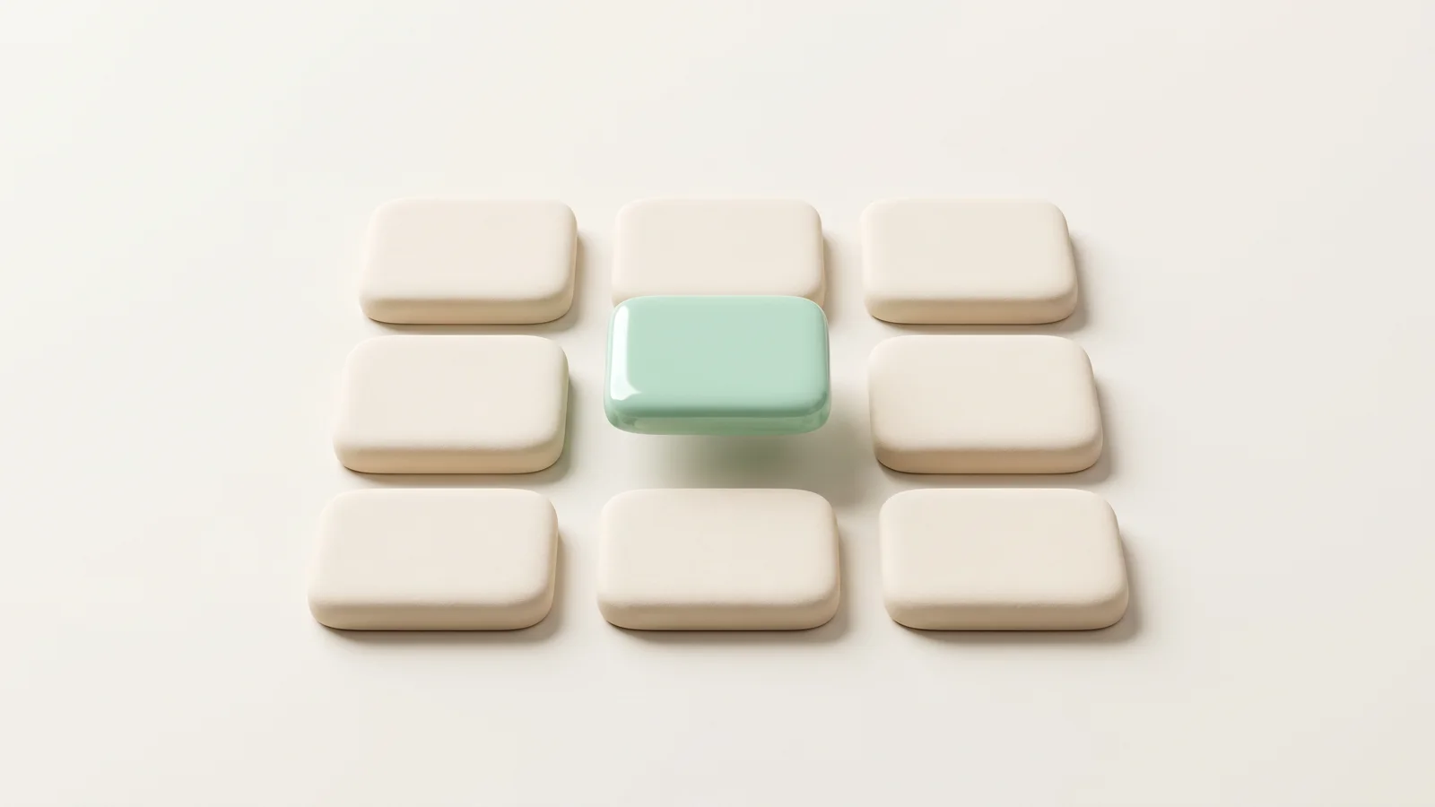 A three-by-three grid of rounded matte-clay tiles with one raised mint tile, representing an account matrix of coordinated owned social accounts.