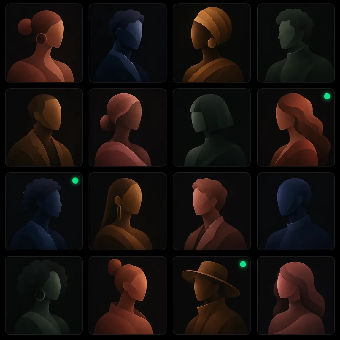 A grid of stylized creator profile cards representing a curated global roster