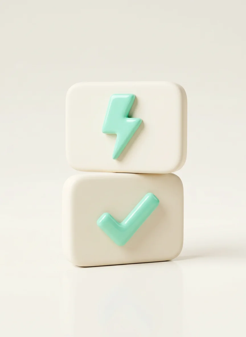 Soft 3D storyboard: a lightning-bolt hook card stacked above a check-mark proof card