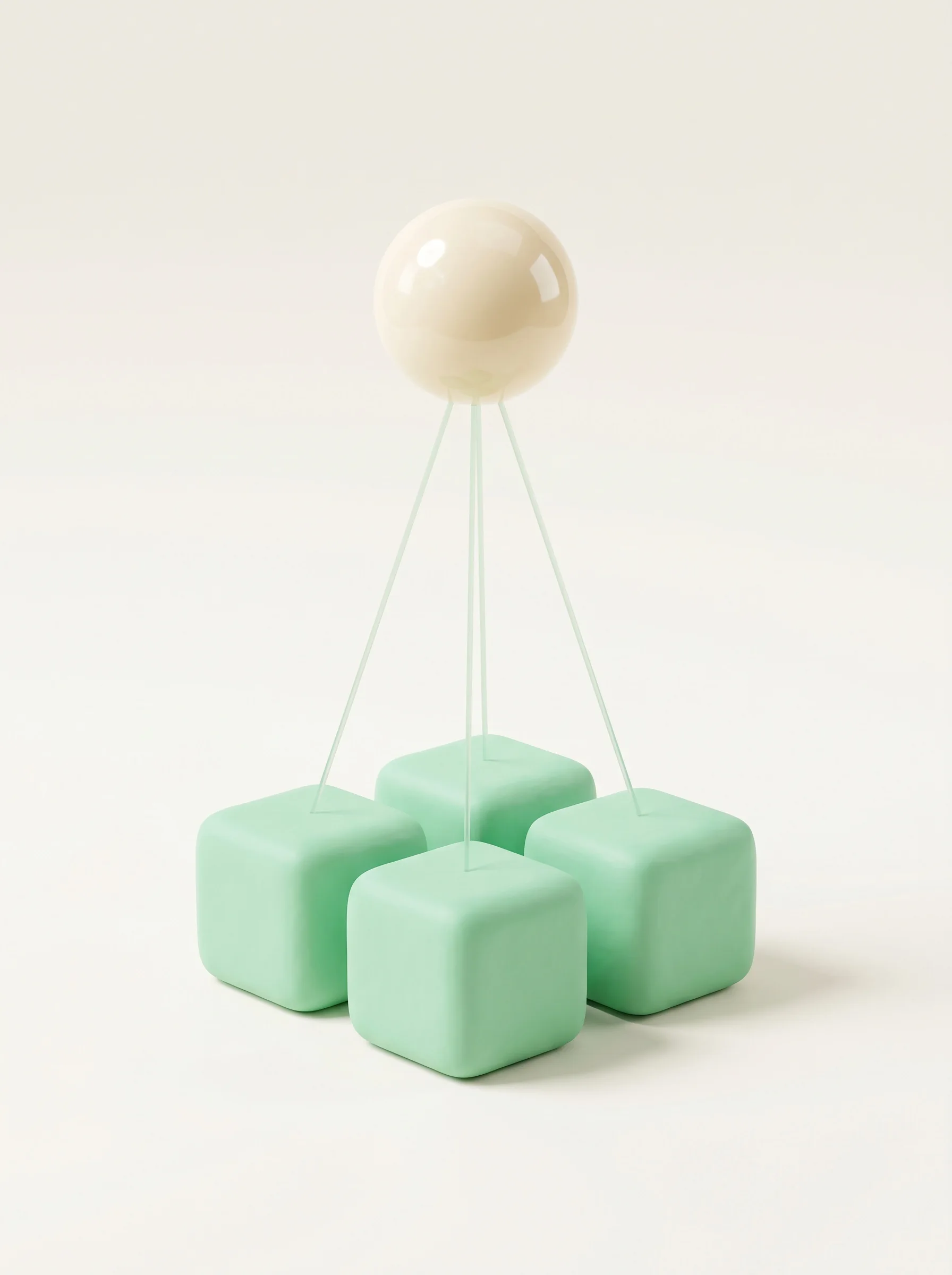 Soft 3D render of one glossy cream sphere linked by thin threads to four mint cubes — one brand feeding four owned account roles