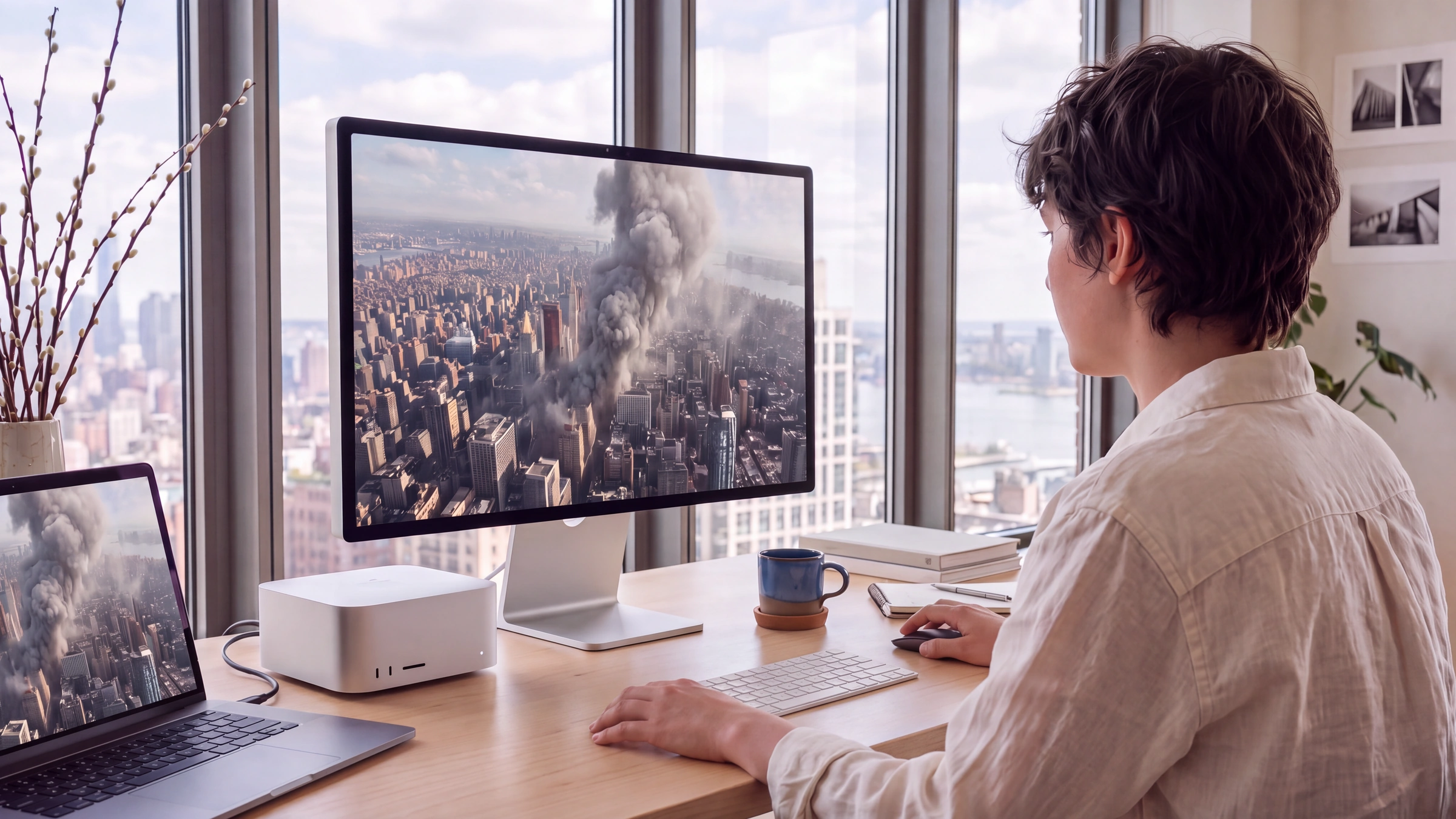 A CG artist reviewing a city smoke simulation on a studio display, with one hand on the mouse and the other resting on the desk