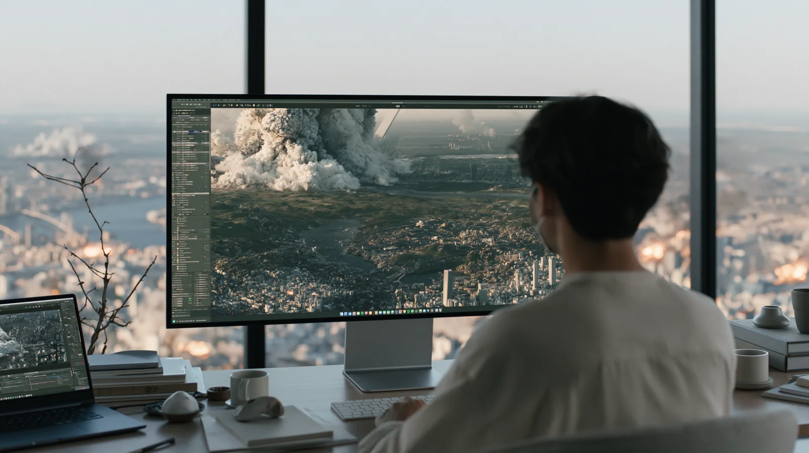 An editor at a studio desk reviewing a large-scale disaster film on a monitor