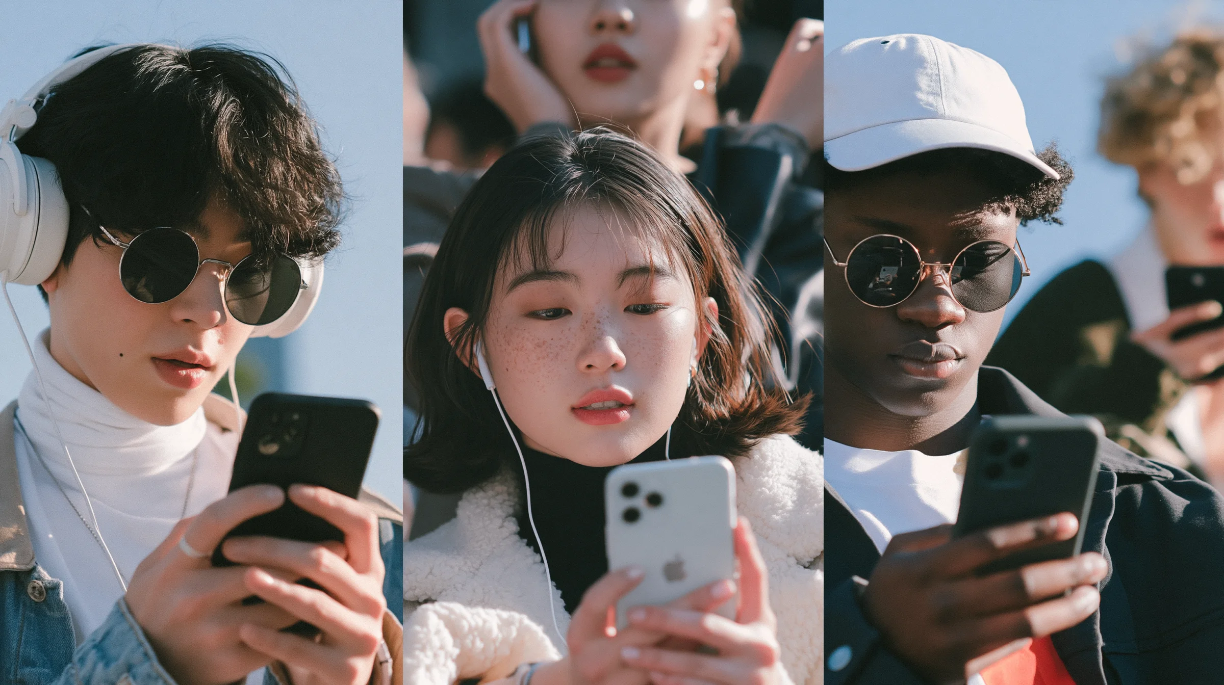 Three creators filming and watching content on their phones outdoors
