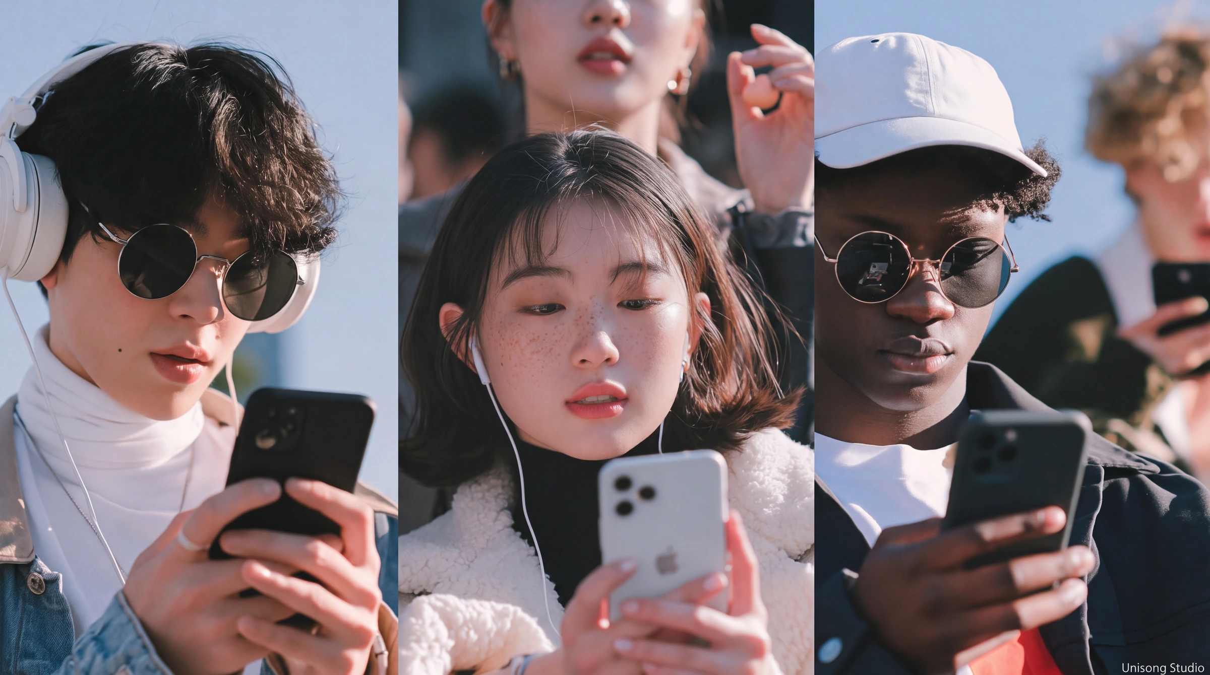 Three side-by-side portraits of creators looking at their phones outdoors