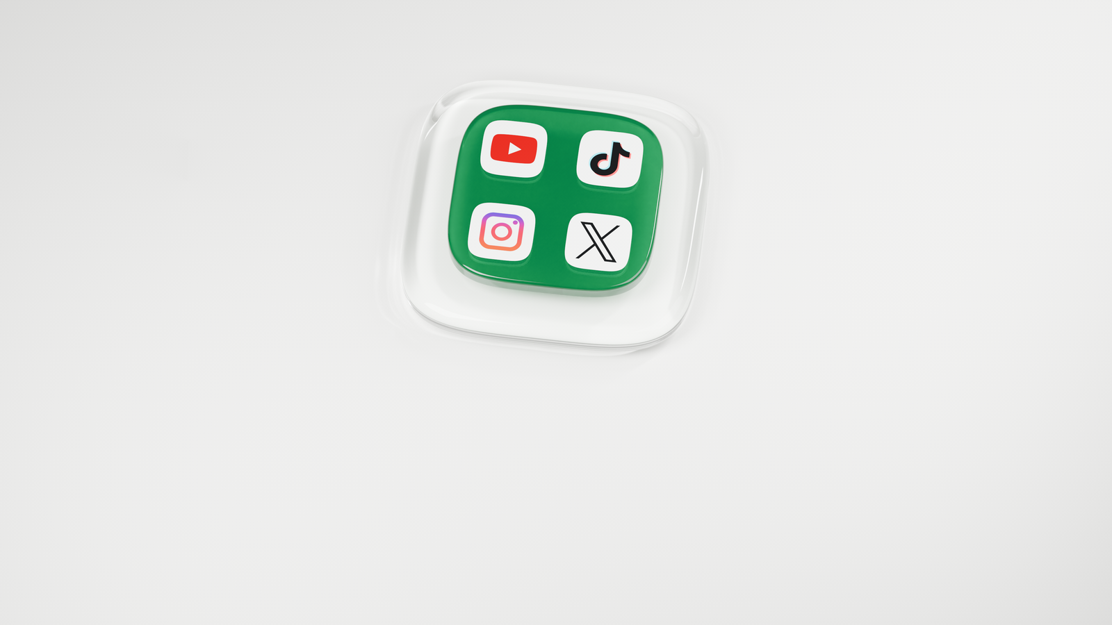 Account Matrix Liquid Glass app icon with YouTube, TikTok, Instagram, and X precisely inset in its emerald matrix